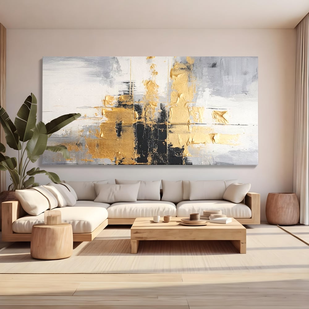 Tablou canvas cu pictura abstracta cu auriu si negru, fara rama, pe sasiu de lemn, pe perete intr-un living